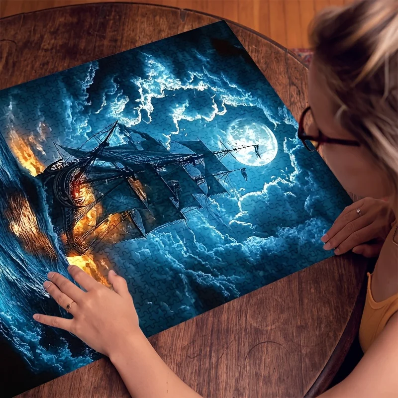 1000pcs Moonlit Sailboat Puzzle, Cardboard Material, Brain Teaser DIY Home Decor, Interactive Family Game, for Adults, Ages 14