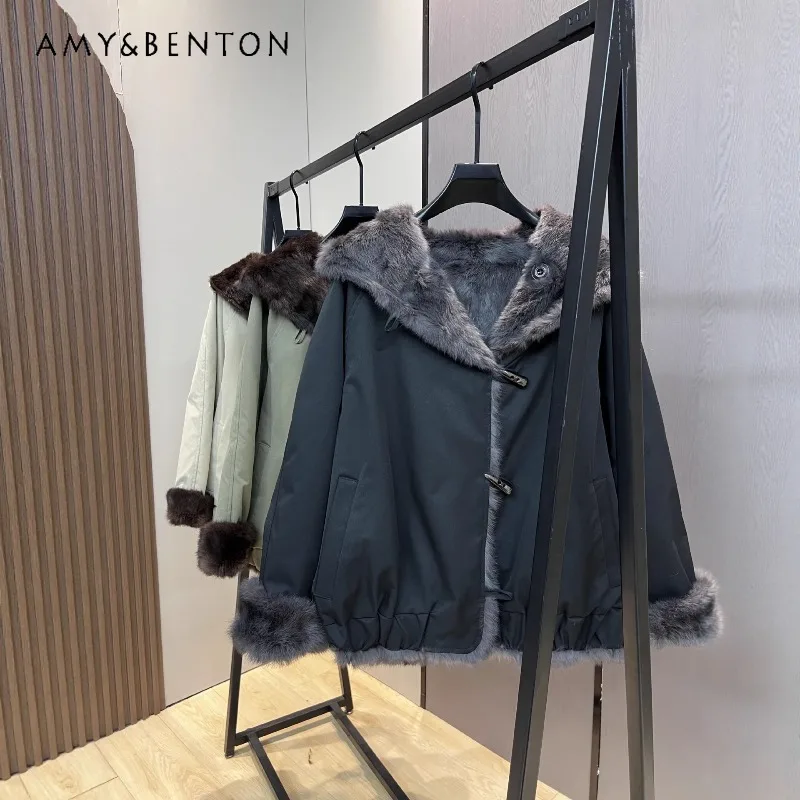 冬のレディースパーカー リバーシブル ラビットファー付きフードデザイン ツーインワン 暖かいウールコート 長袖 シングルブレスト フェイクファー トップ