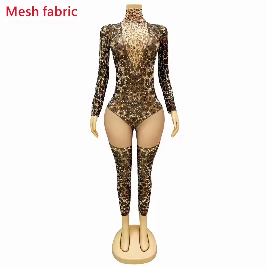 

Jumpsuit Bar Elastic Long Women Leopard Tight Rhinestones Sleeve Printed Leotard Singer Dancer Stage Performance Dance Costume