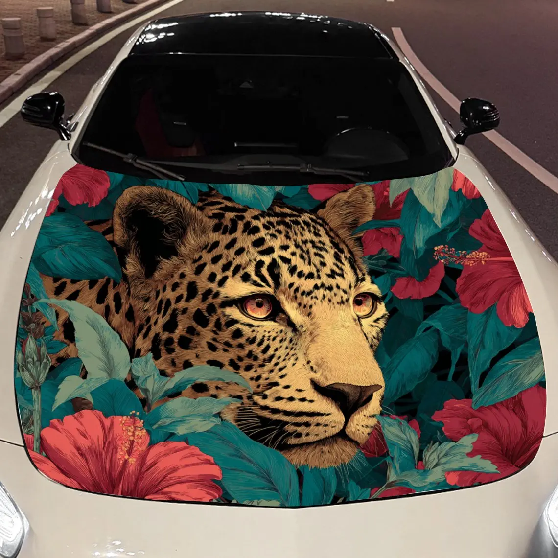 

Car Decals A Leopard Radiating Exotic Charm And Artistic Flair Amid Vibrant Floral Patterns Car Hood Sticker, Waterproof Self -