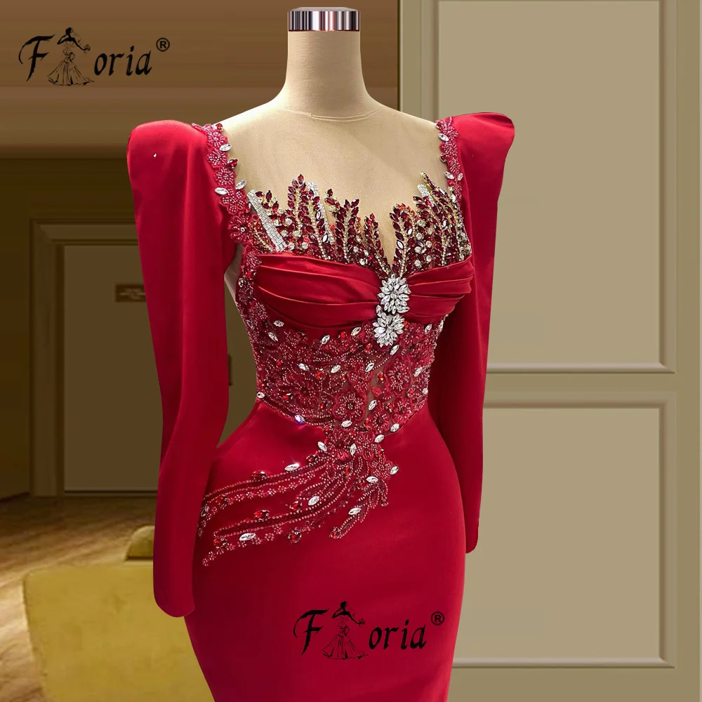 Elegante vestido vermelho manga comprida, apliques de flores frisadas, vestido de cerimônia de casamento sereia, personalizado, vestes plus size, formal