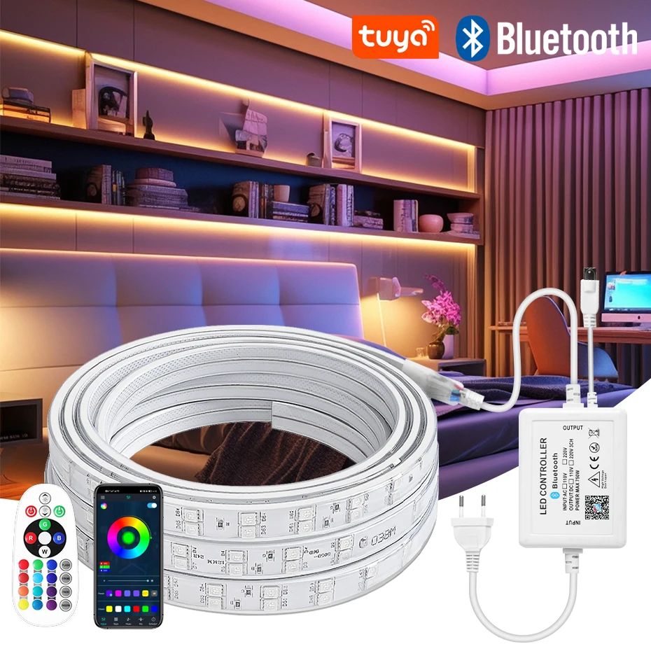 

30M 50M 100M Waterproof 220V Smart RGB Led Strip Light WiFi Bluetooth Remote Control RGB Led Tape 5050 Room Outdoor Decoration