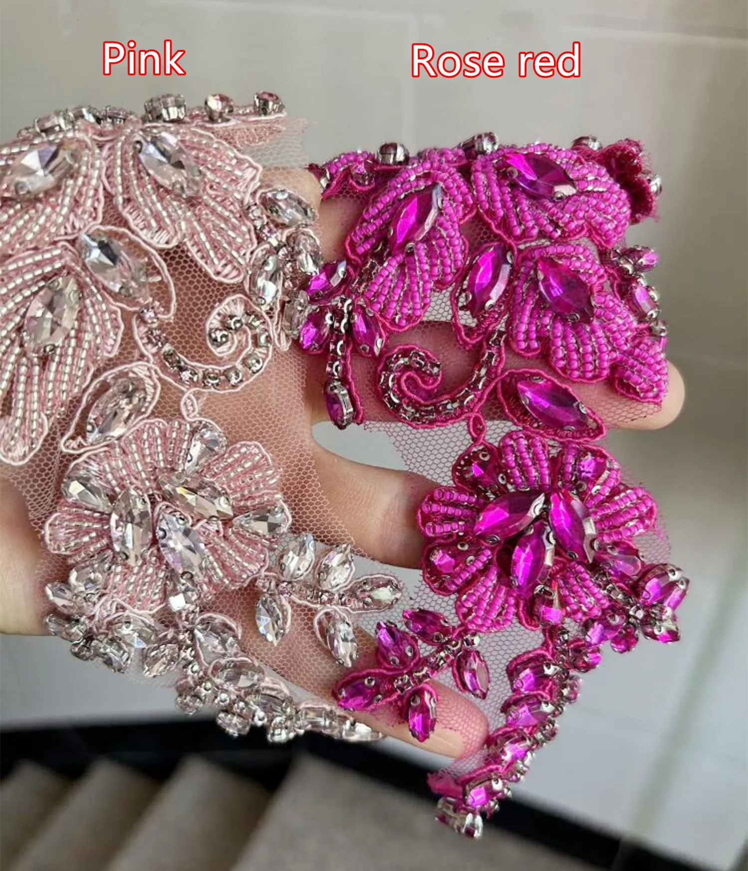 1 Paar handgenähte Glas-Bohrspiegelblumen, funkelnde Strassblumen für Mäntel, Taillenbänder, Schultern, Hochzeitskleider, DIY-Applikation RS4208 – Detail 10