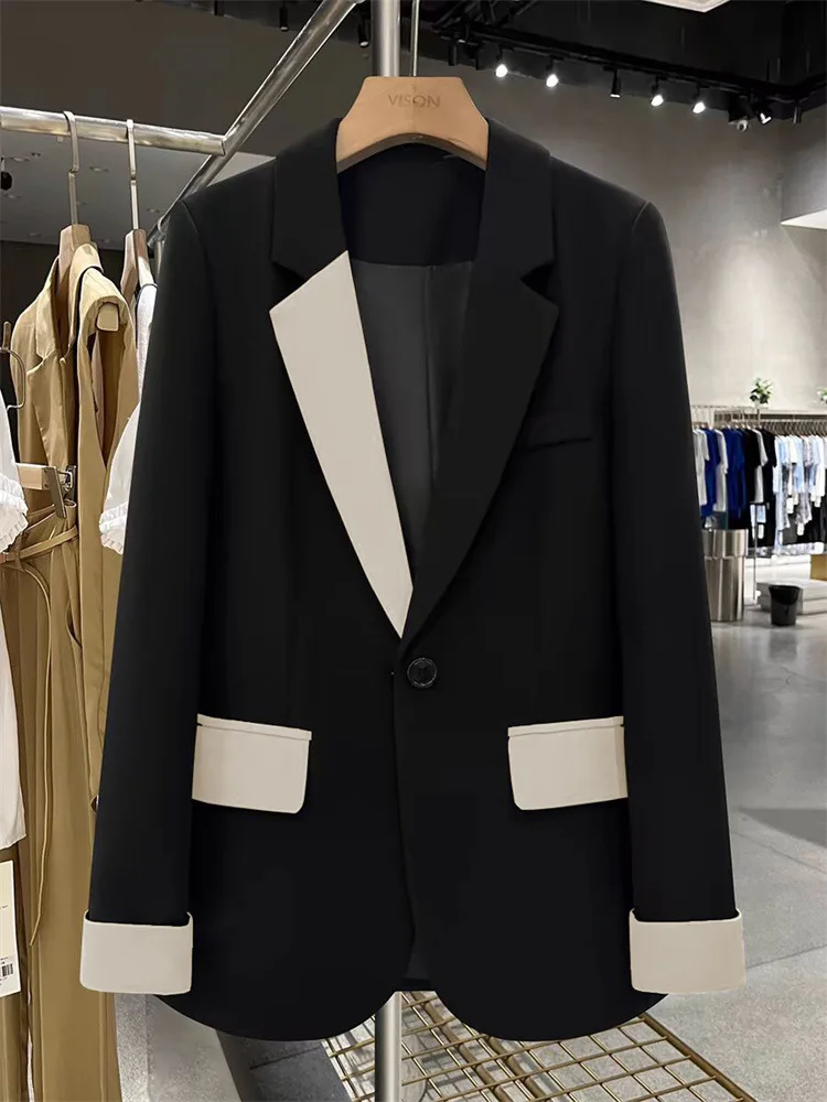 Blazers de contraste preto feminino, jaqueta de emenda, primavera e outono, novo, 2021