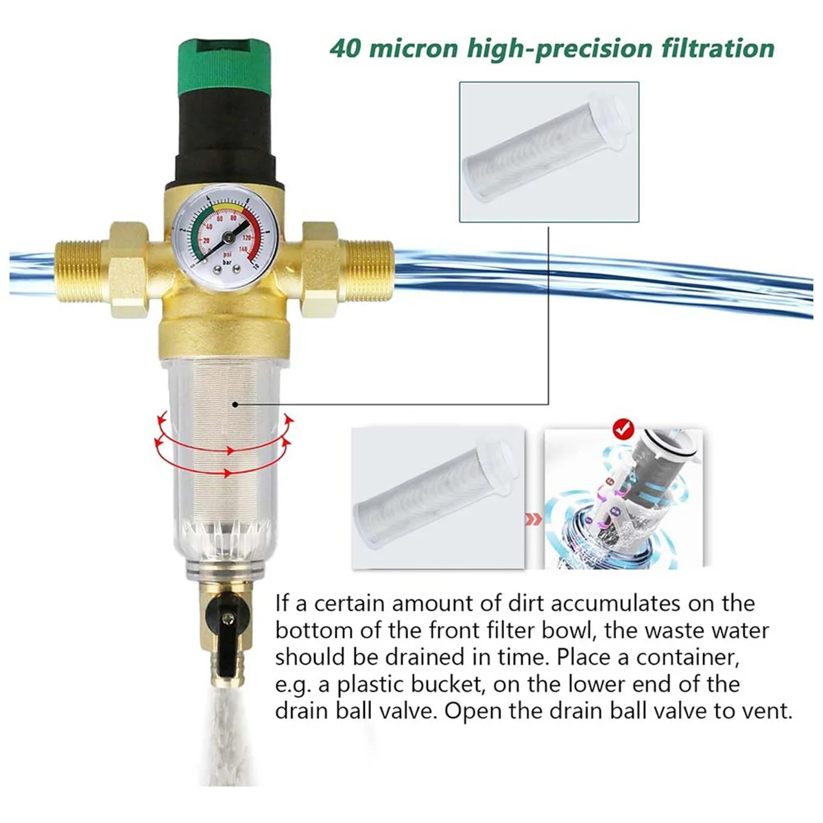 BOFO Backwash Filter with Pressure Regulator and Pressure Gauge, 3/4 Inch House Connection, Reusable Pressure Regulator