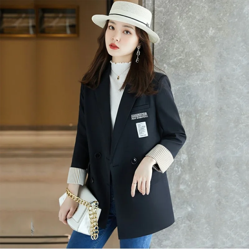 Jaket Blazer Kantor Wanita Musim Semi Musim Gugur 2023 Blazer Santai Pakaian Luar Blazer Profesional Kancing Dua Baris Ramping Mode Atasan Wanita