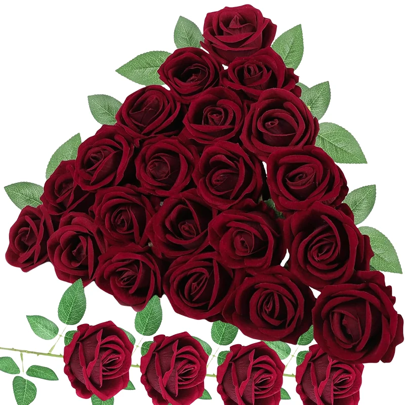 Artificial Silk Roses Flowers 25 Pieces Burgundy True Touch Bride Wedding Bouquet Family Garden Party Floral Decoration