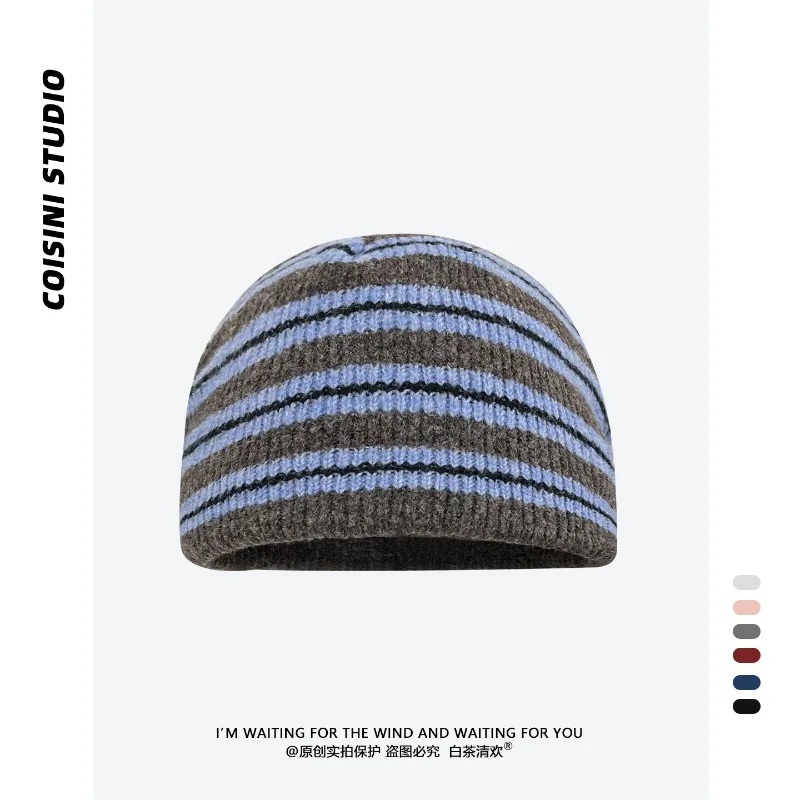 Koreanische gestreifte Strickmütze für Männer und Frauen, Herbst und Winter, verdickt und warm, modische Kurzschirm-Skull-Beanie-Mütze – Detail 3