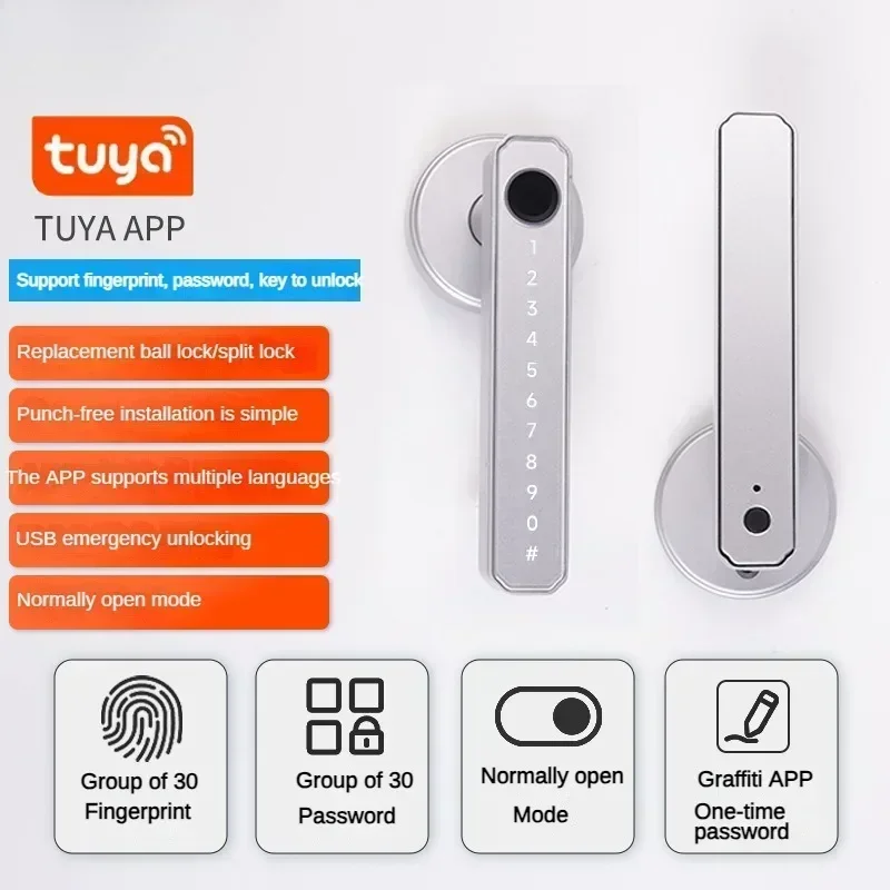 

Умная дверная ручка-замок Tuya Bluetooth с отпечатком пальца, электронным паролем и удаленной разблокировкой через приложение для отелей, апартаментов, офисов, арендного жилья