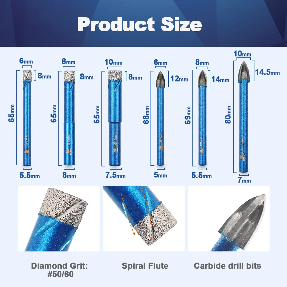 BRSCHNITT 10pcs/pack 6/6/8/10mm Dry Diamond Drill Bit Set Core Drill Bit Round Shank for Porcelain Tile Ceramic Stone Granite