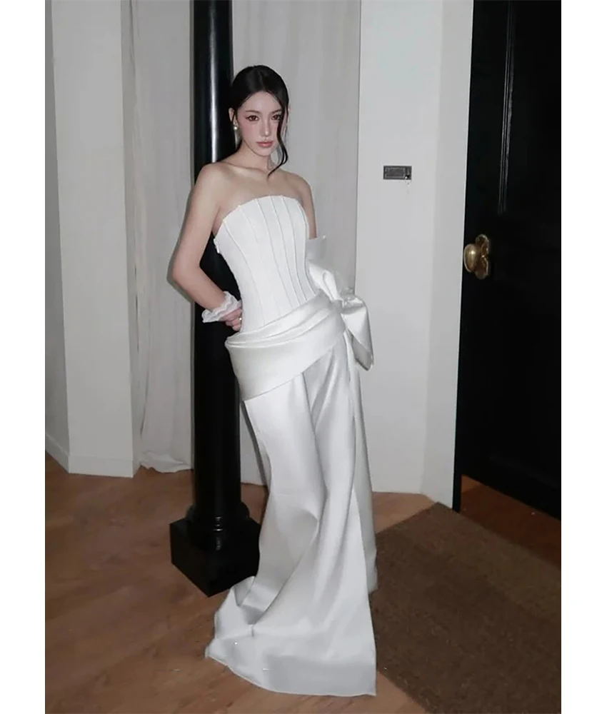 

MCDV Customized Fashion Satin Mermaid Evening Dress High Quality Strapless Sleeveless Floor Length Women Wedding Gowns.