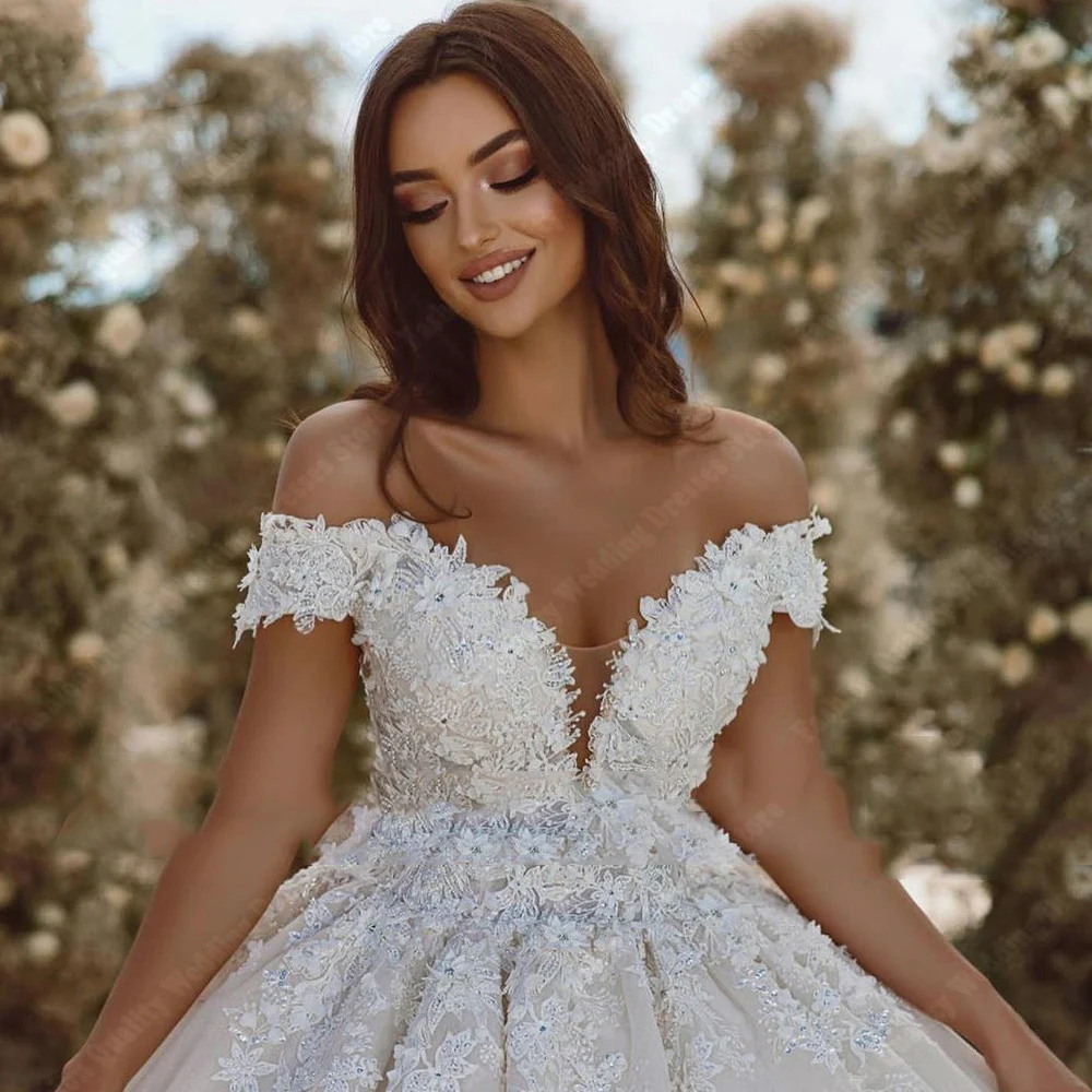 Vestido De novia blanco puro con dobladillo esponjoso para mujer, calcomanías brillantes con cuello en V, trapeador De suelo, fiesta Formal, 2024