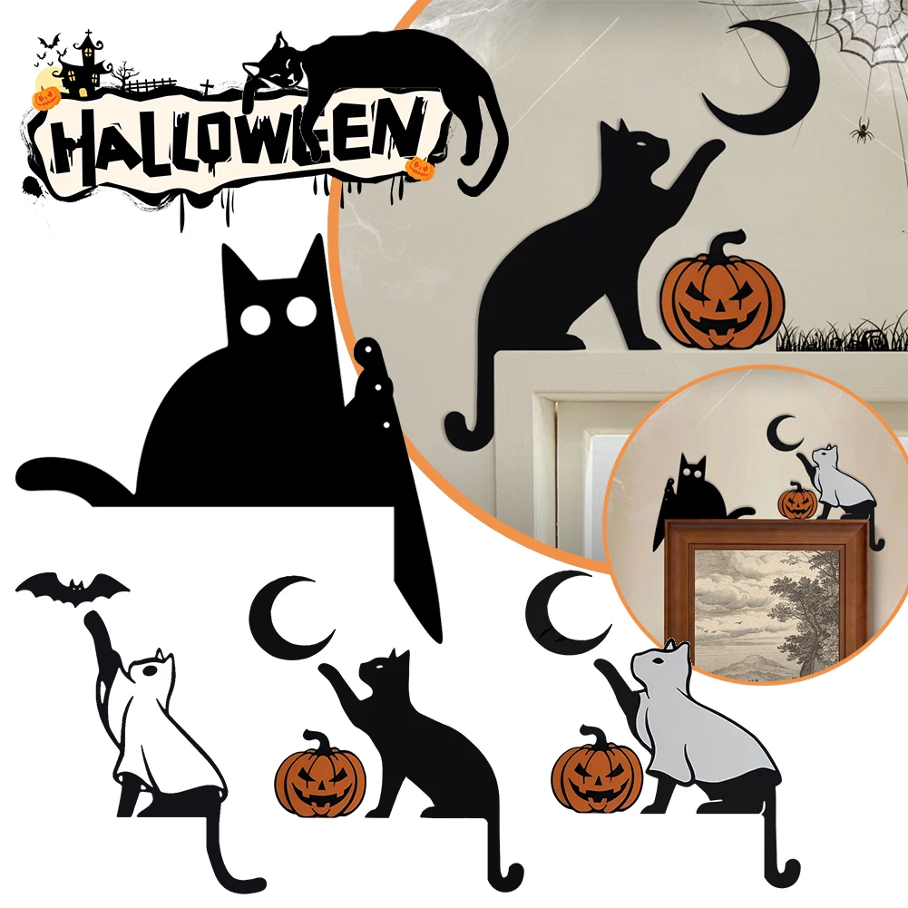 Metal Halloween Door Topper Cat Pumpkin Sign Window Room Corner Sign Decoration Ornament Haunted House Prop Indoor Outdoor Decor