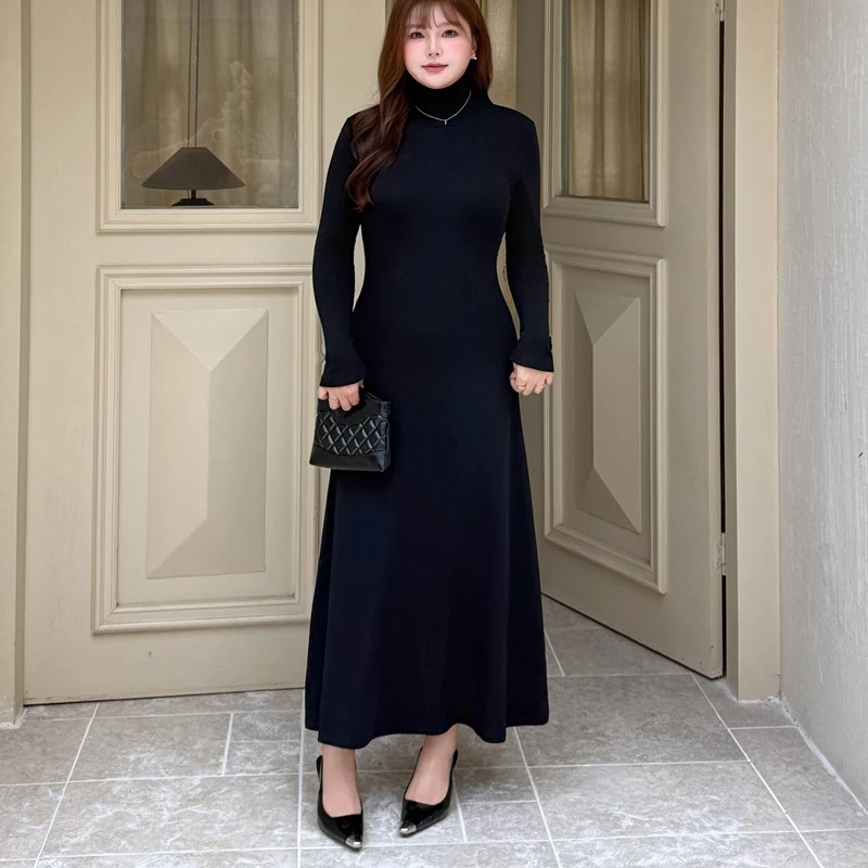 XXXXL moda vestidos de talla grande para mujer Premium Lycra tejido cintura ceñida A-Line cuello alto curvas vestido básico francés delgado 9429