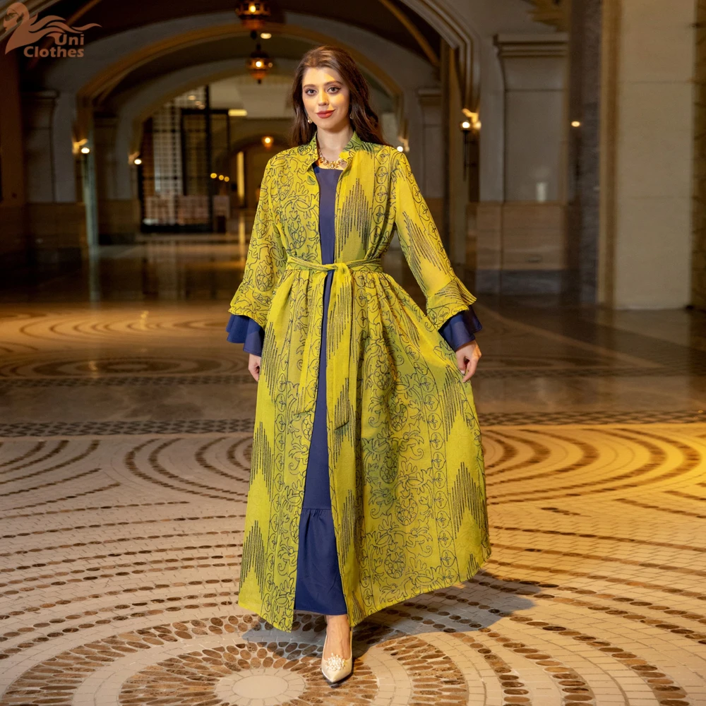 

Eid Muslim Embroidery Abaya for Women Party Inner Dresses Ruffle Sleeve 2 Piece Set Ramadan Kaftan Vestidos Dubai Matching Suit
