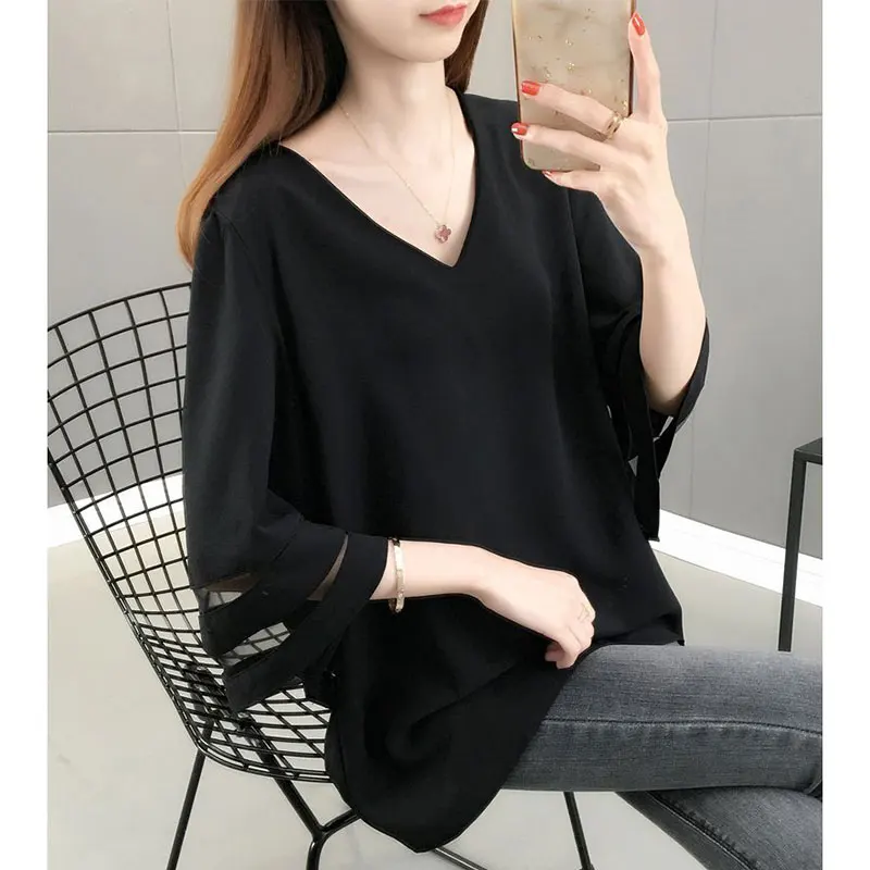 Women Summer New Style Korean Fashion Simplicity Solid Color V-neck Women Clothes Casual All-match Temperament Loose Top Tee