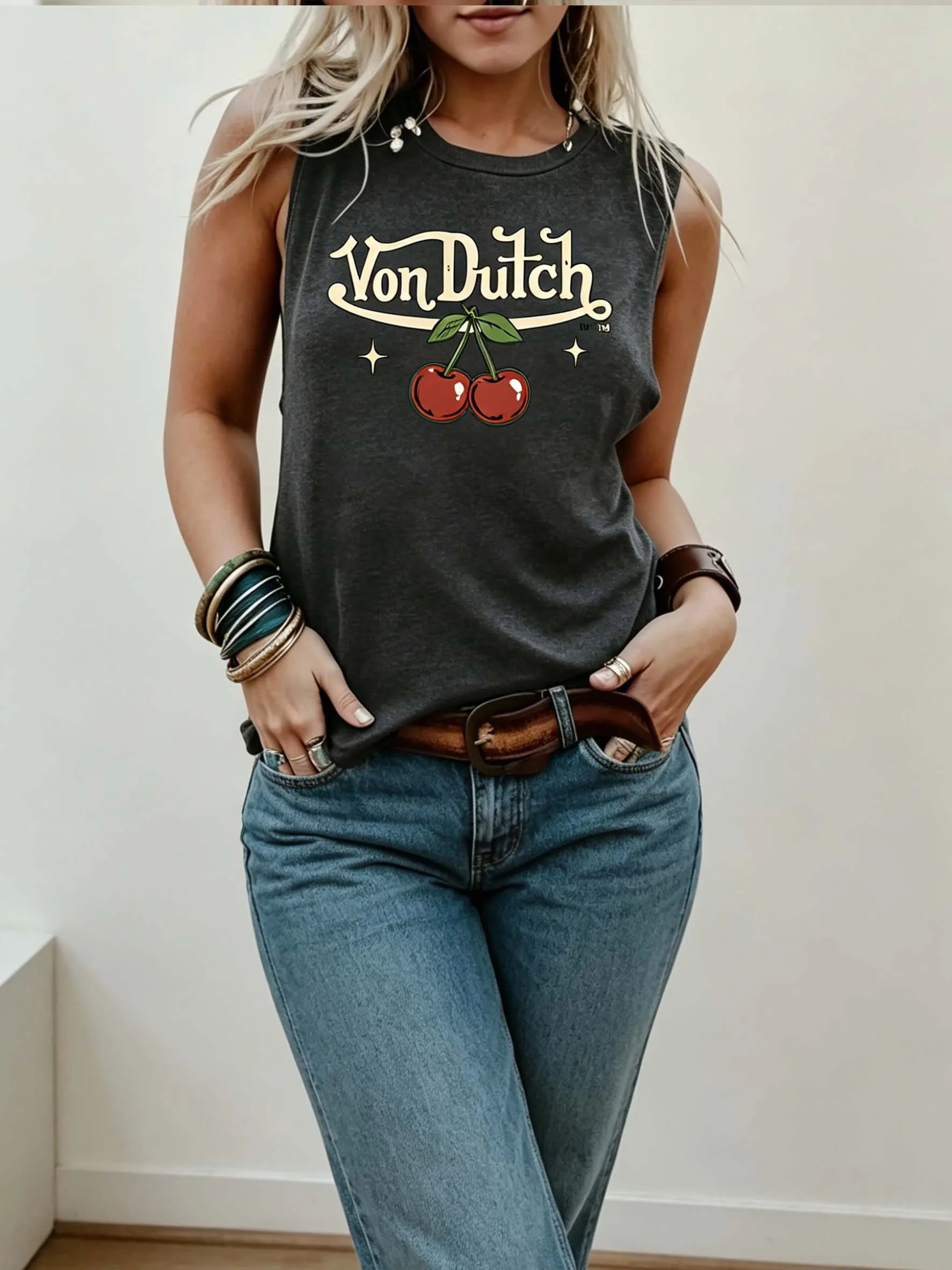 Sommer-Tanktop für Damen mit Kirschmuster, Y2K süßes und lässiges ärmelloses Top im amerikanischen Retro-Stil. – Detail 3