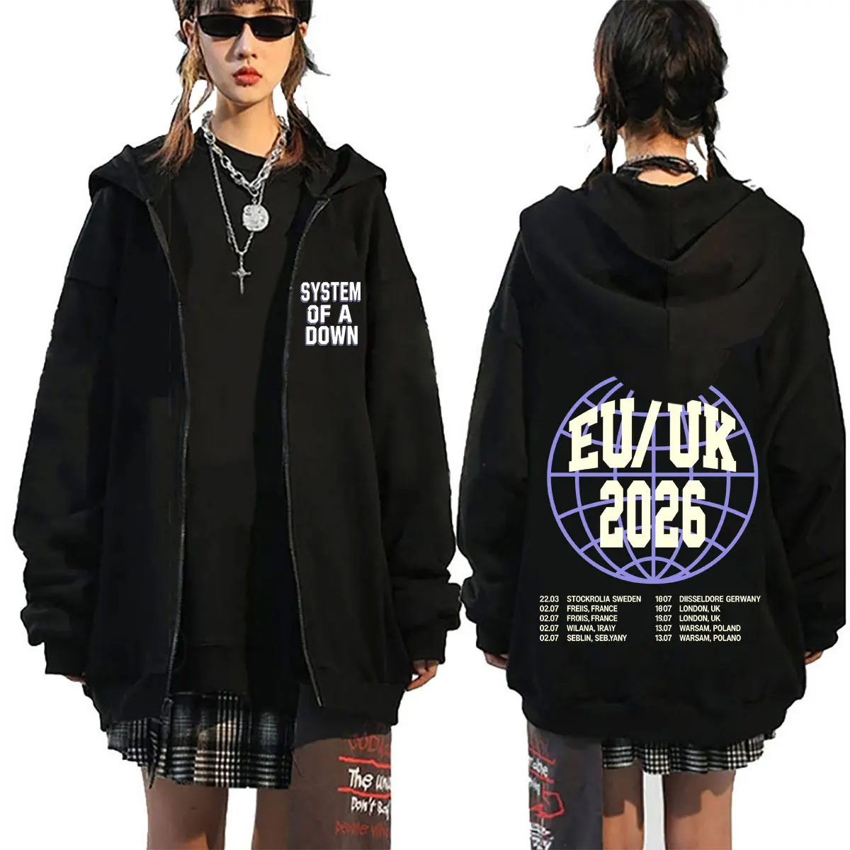 System of A Down Tour 2026 Zipper Hoodie Men Women Rock Oversized Zip Up Jacket Men's 90s Alternative Metal Zip Up Sweatshirt