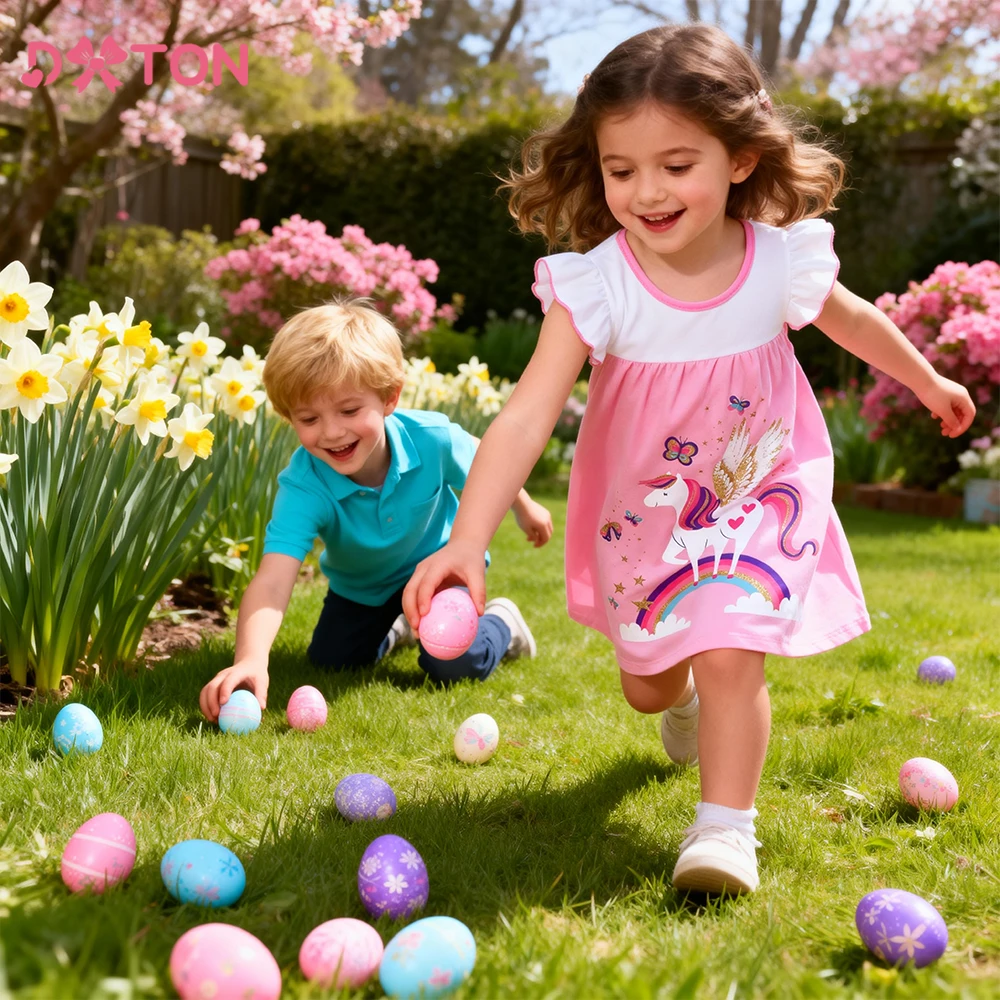 

DXTON New Summer Kids Dresses Flying Sleeveless Children School Clothing Rainbow Unicorn Cartoon Print Toddler Daily Dress Wear