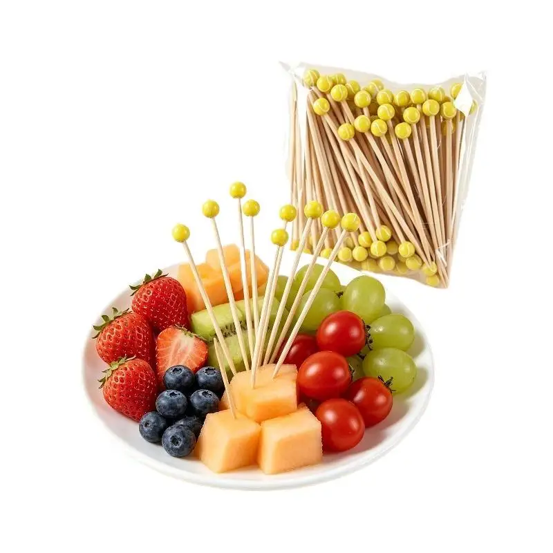 Hot Sale 100Pcs 120mm Home Party Wedding Supplies Disposable Cocktail Yellow Tennis Fruit Sticks Bamboo Pick Skewers