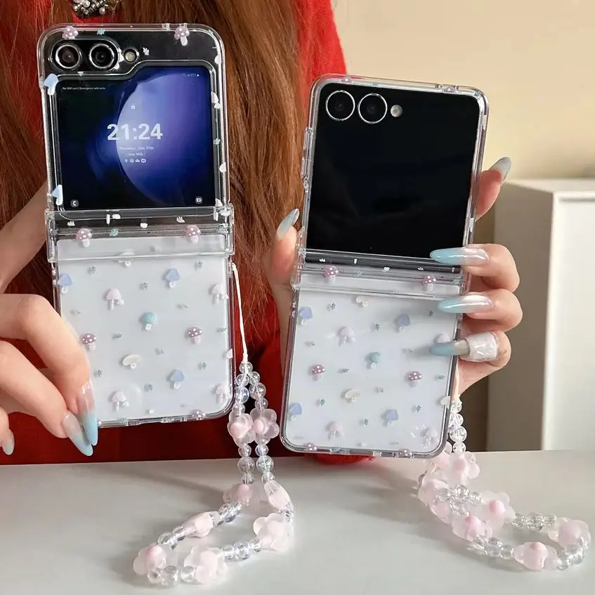 Kawaii Pastel Mini Mushroom Printed Clear Phone Case for Samsung Galaxy Z Flip 7-3 Flower Crystal Bead Strap Protective Cover