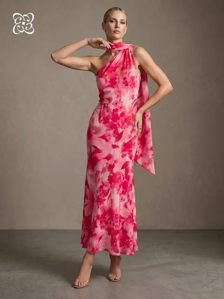 

2026 Luxury Pink Floral Mermaid Maxi Dress for Women Elegant One-Shoulder Neck Scarf Bodycon Formal Party Casual Dress Vestidos