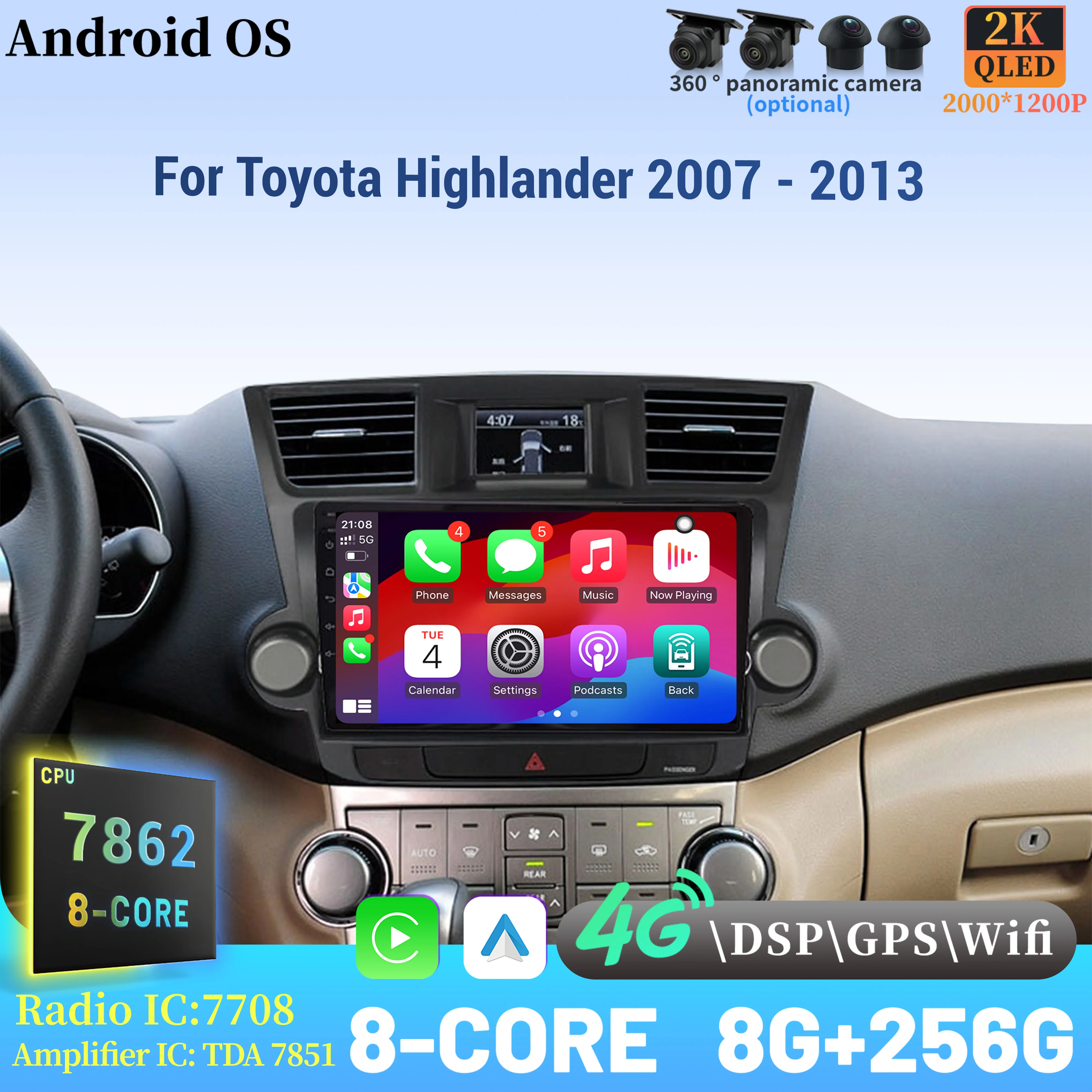 

Car Radio Android 14 For Toyota Highlander 2007 - 2013 Navigation Multimedia Wireless BT Carplay Touch 2K QLED Screen