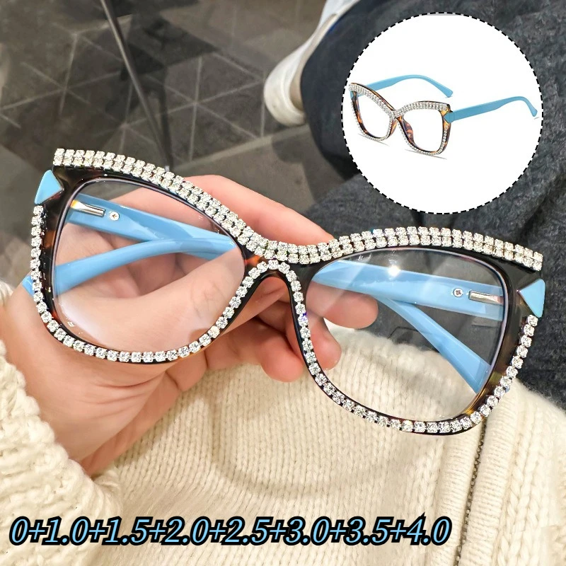 Imitation Diamant Brillengestell Lesebrille Großer Rahmen Anti-Blaulicht-Brillengläser Metallscharniere sind robuster