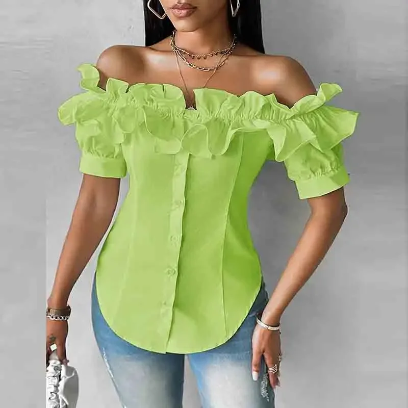 Chemisier d'été pour femmes, asymétrique épaule dénudée, chemise blanche, hauts Vintage, blanc, solide, élégant, boutons, pour femmes