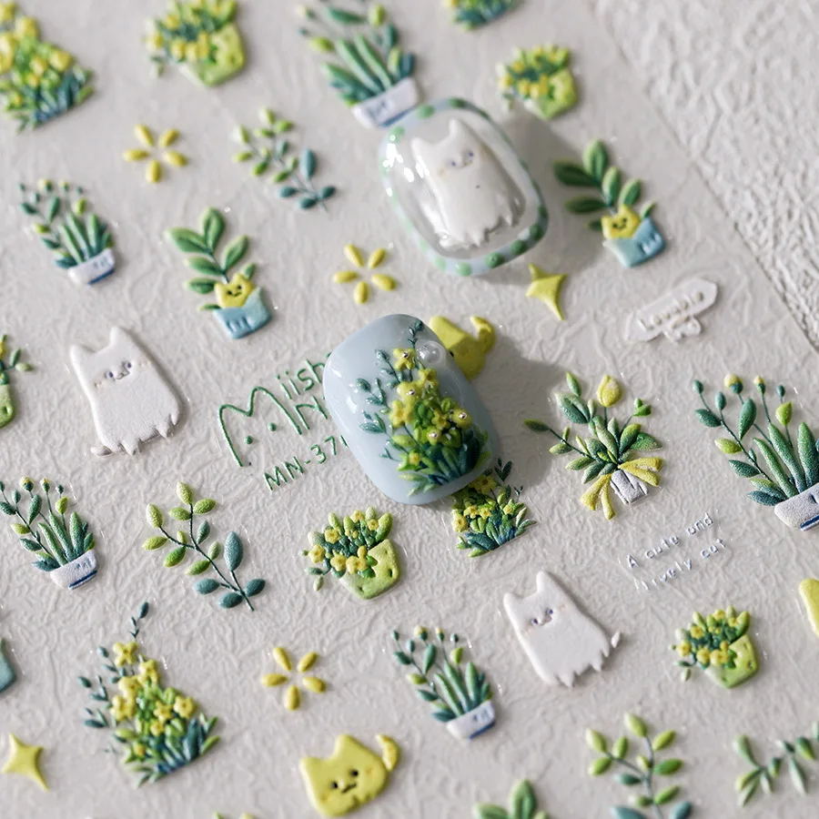 

1pcs Lovely Cat Green Potted Plant Flowers Nail Stickers 5D Embossed Self Adhesive Nail Art Stickers 3D Cute Cat Manicure Decals