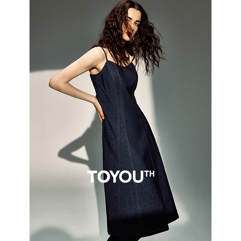 

TOYOUTH Women Spaghetti Dress 2024 Autumn New Sleeveless Slim Waist Knee Length Vacation A Line Party Dress