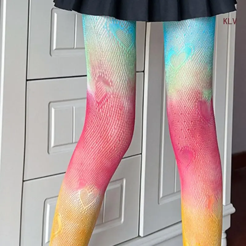 Women Gradients Rainbow Colorful Tights Lace Jacquard Candy Color JK Fishnet Stockings Hollow Out Mesh Pantyhose Leggings