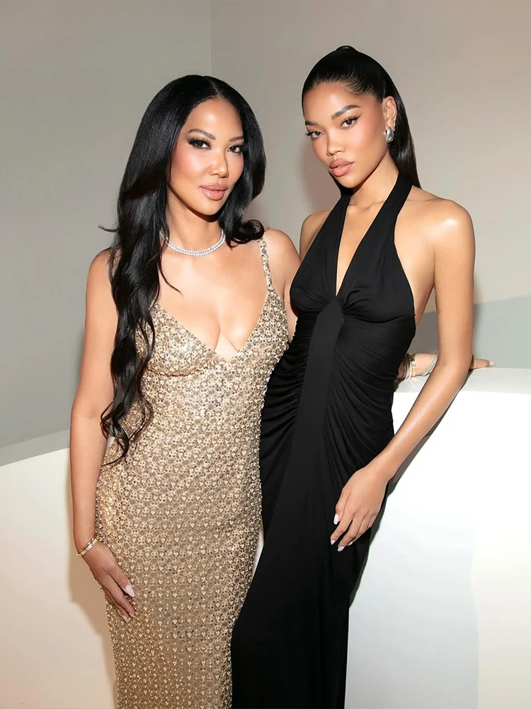 فستان نسائي من Kliou فستان كلاسيكي أنيق متين كلاسيكي بدون ظهر ورقبة على شكل حرف v غمد ماكسي فيستدوس نسائي عالي الشارع