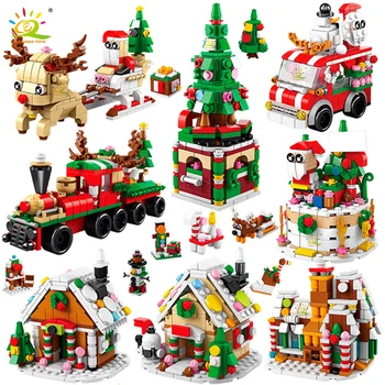 HUIQIBAO 6IN1 Christmas Elk Deer Santa Claus Building Blocks City Snow House Xmas Tree Bri
