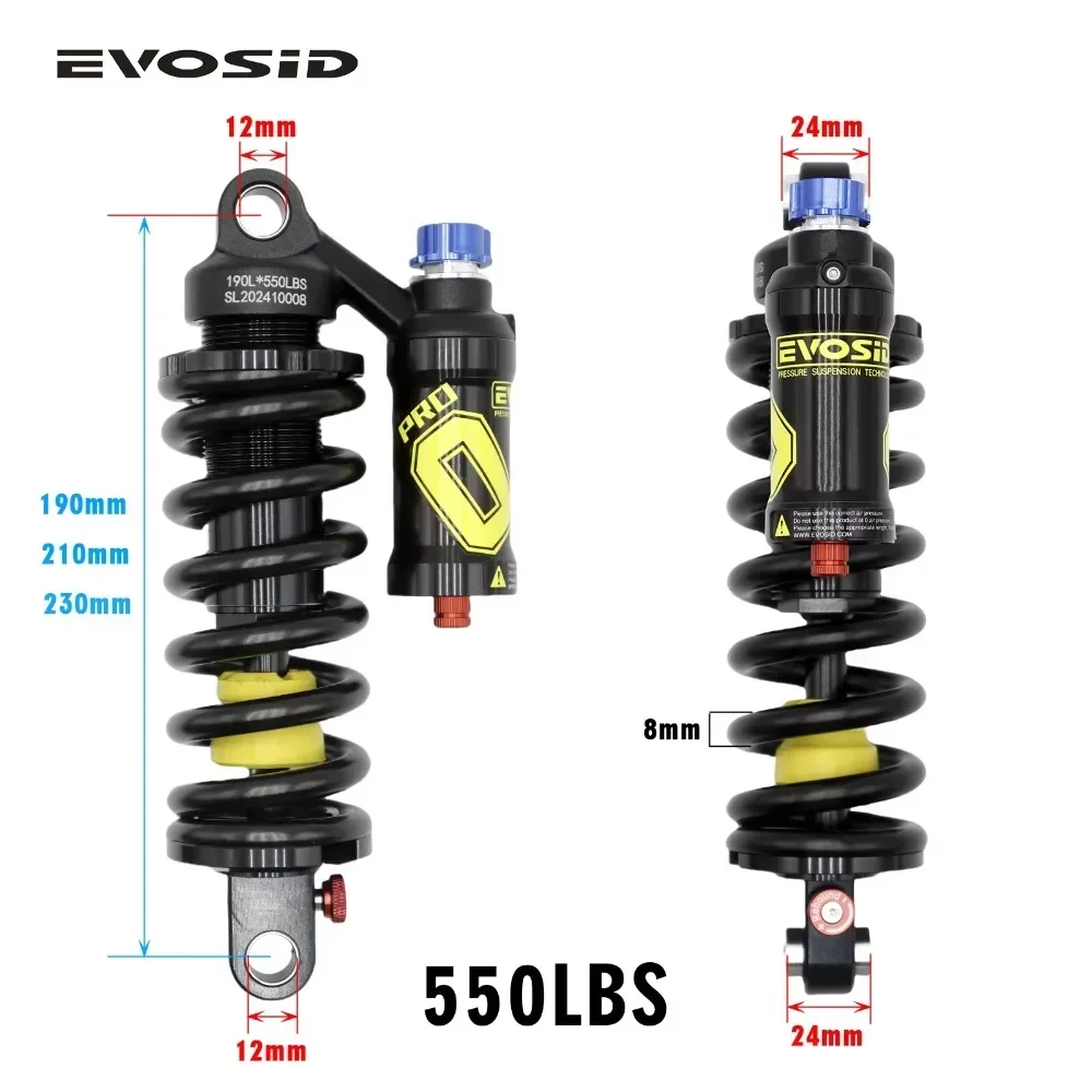 EVOSID Mountain Bike Rear Shock Absorber 550LBS Suspension Spring Soft Tail Shock 190mm/210/230mm for AM/FR/DH/MTB Bicycle Shock