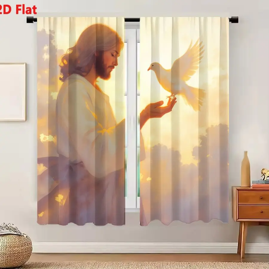 2Pcs Curtains 2D Flat Divine Figure With Long Wavy Hair Beard In Light Robe Sash Holding White Dove Perched On Palm Against Gold