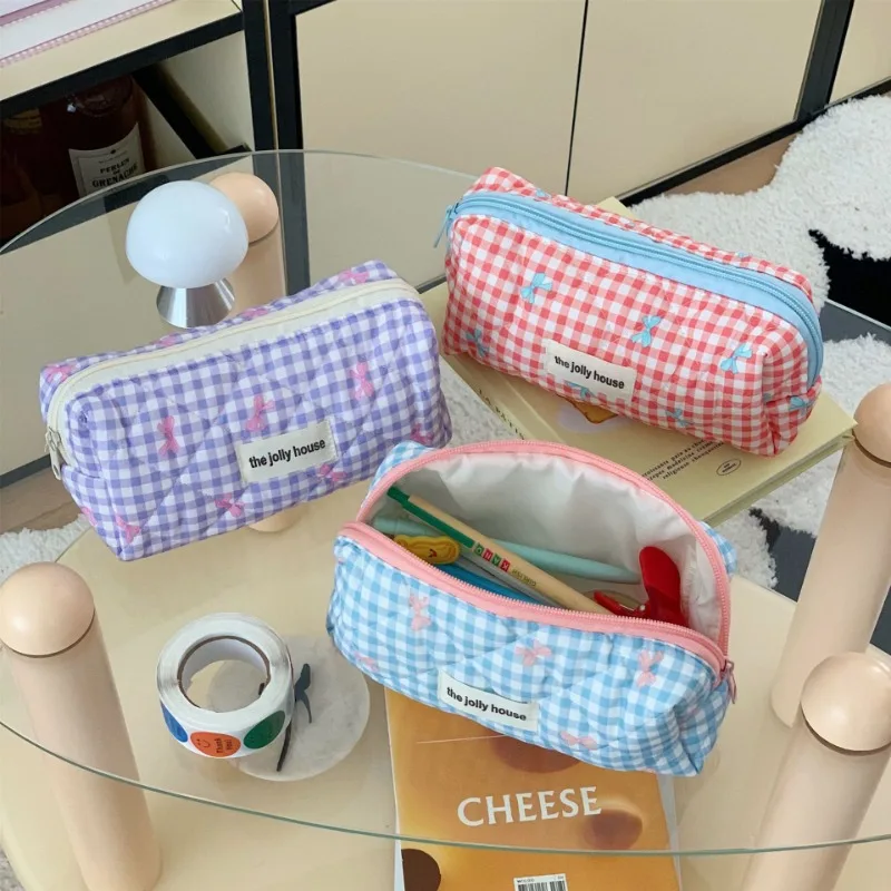 Zoete Chique Koreaanse Etui Voor Student Kawaii Boog Plaid Potlood Etui Mini Draagbare Briefpapier Houder Schattige Schoolbenodigdheden