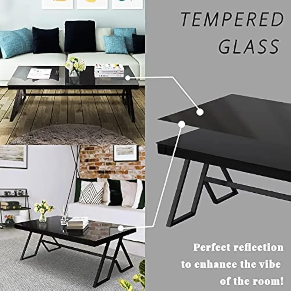 Tempered Glass Tea Table Coffee Table Cocktail Desk Table - Modern Steel Triangular Legs Living Room Desk Decor