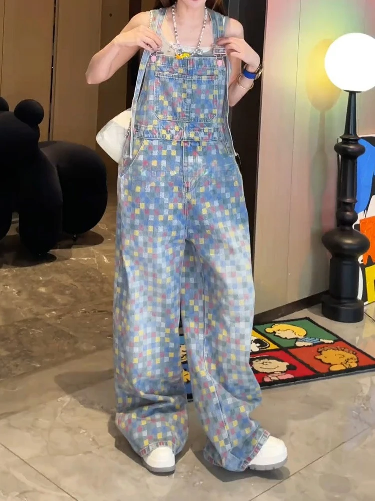 

American style retro design fully printed colorful stickers jeans hot girls lazy style floor hugging overalls fashion pants