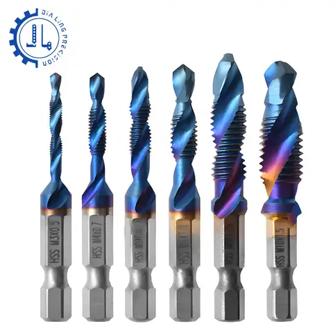 자세히 둘러보기 5PC/6PC HSS 나사 스레드 메트릭 탭 드릴 비트 M3-M10 생크 티타늄 기계 복합 탭