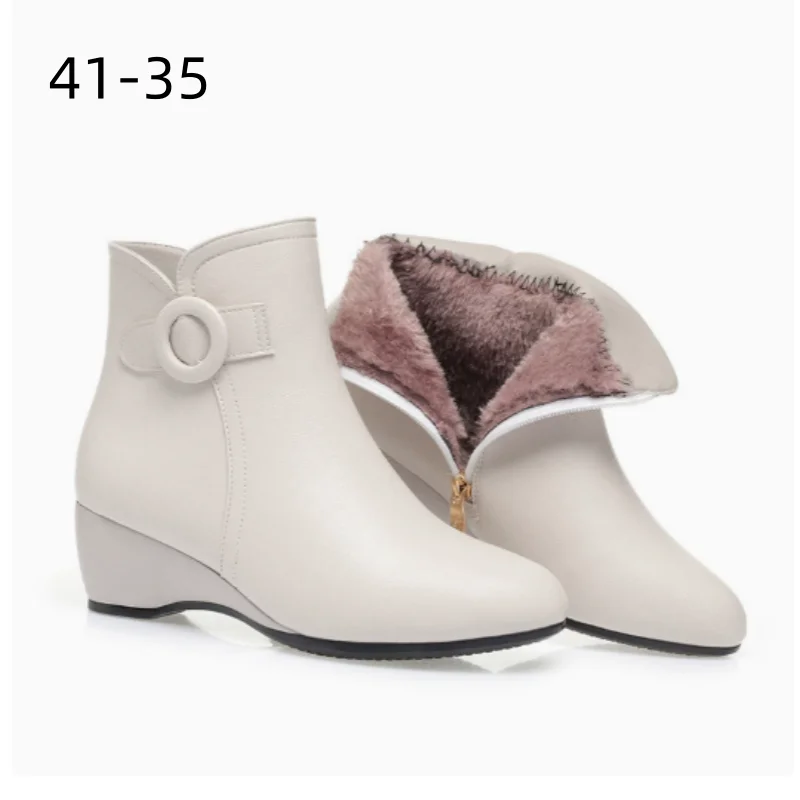 Lady Winter 5cm Short Boots Round Tip Warm Fur Wedges Botas Shearling Faux Leather Waterproof Side Zip Ankle High Top Shoes 41 9