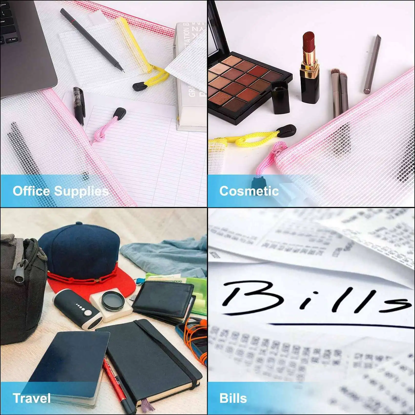 Confezione da 36 buste in rete con cerniera da 8 dimensioni, borse per documenti con cerniera impermeabili, buste per documenti, borse da viaggio multiuso (9 colori)