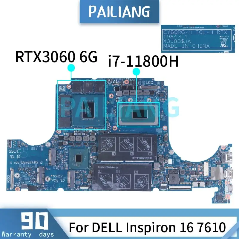 For DELL Inspiron 16 7610 Laptop Motherboard CN-09FDV3 09FDV3 9FDV3 GN20-E3-A1 i7-11800H RTX3060 6GB Notebook Mainboard 19843-1