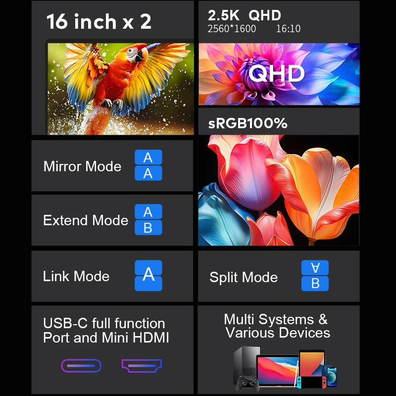 Consumer Electronics 16 Inch 2-Screen IPS with Type C Connection 2.5 K Resolution Foldable Design Por