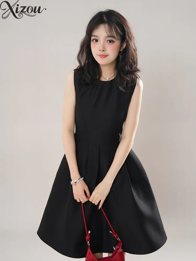 2025 verão feminino sem mangas cintura hepburn vestido francês a linha preto formal senhoras doce elegante festa coreano em torno do pescoço oferta
