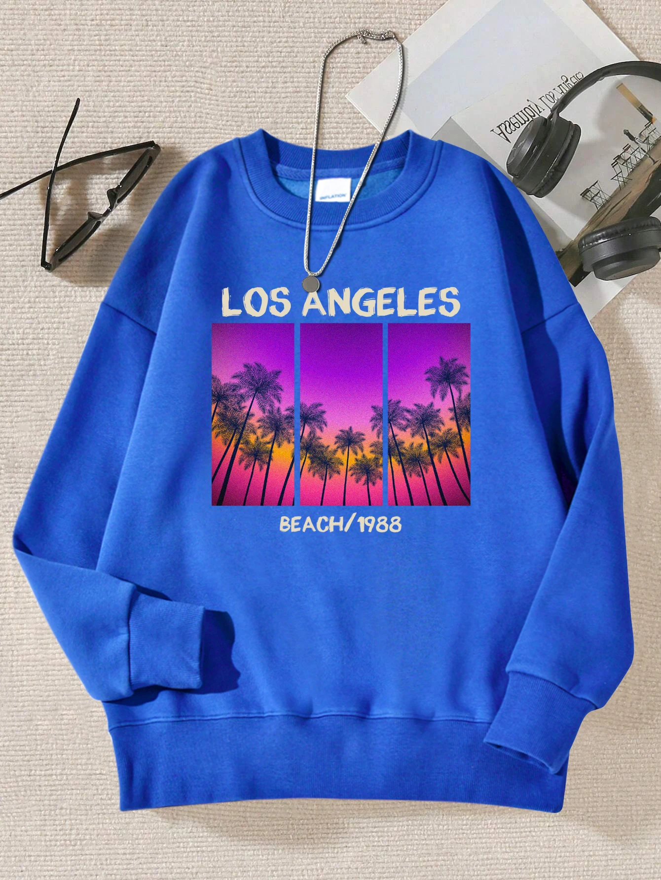 

Los Angeles Beach 1988 Print Streetwear Women Simple Hip Hop Sweatshirt Sport Fur-Line Pullovers Soft Multicolor Unisex Tops