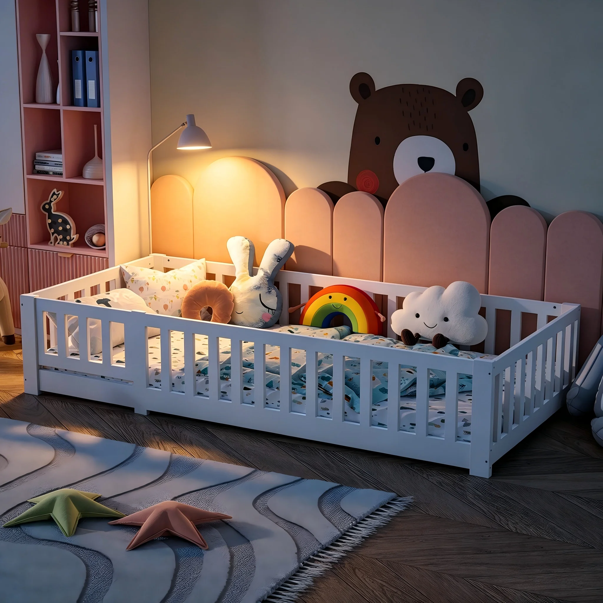 Lit Montessori au sol 90 x 200 cm, charge maximale 200 kg, protection anti-chute amovible, lit enfant Montessori en pin massif avec sommier à lattes enroulable