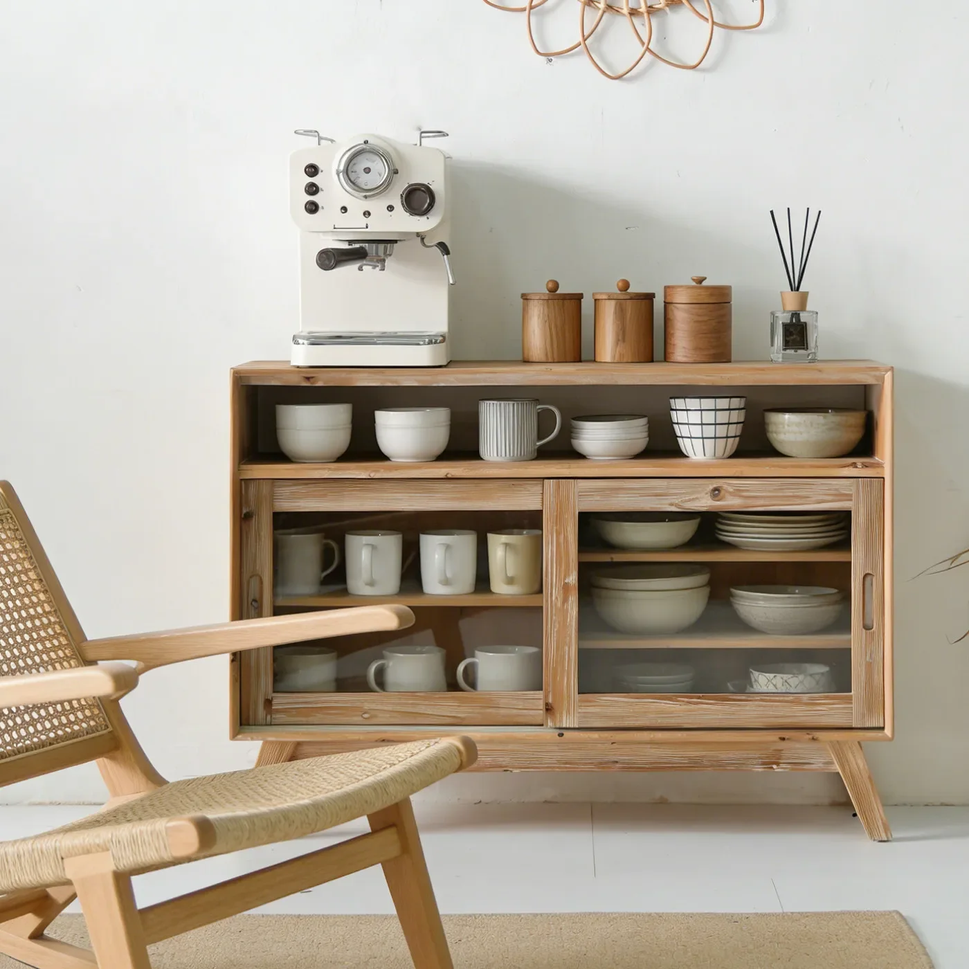 Wabi Sandy Wind Solid Wood Glass Sliding Door Dining Side Cabinet Retro Homestay Locker Japanese Storage Cabinet Tea Cabinet