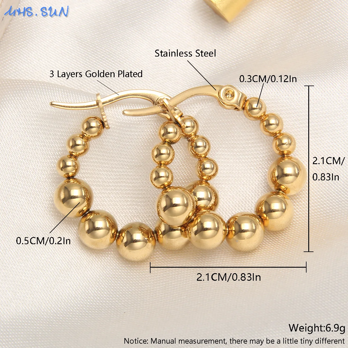 MHS.SUN Luxury Gold Plated Square Round Stainless Steel Hoop Earrings Cross Ball Beads Earring For Women Girls Wedding Jewelry