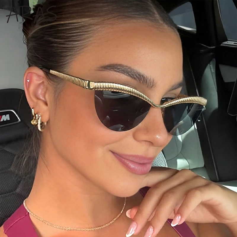

Cat Eye Sunglasses Women Vintage Semi-Rimless Textured Gold Metal Luxury Brand Designer Sun Glasses Lady Female Fashion Eyewear